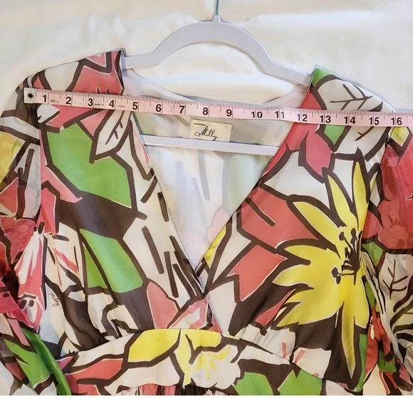 Milly Floral Print Dress Sheer Long Sleeve V Neck Multicolor Size S - Picture 5 of 9